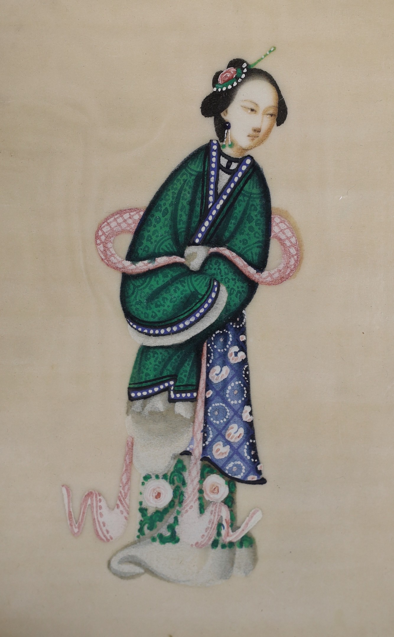 19th century Chinese School, pair of gouaches on pith paper, Studies of courtiers, 15 x 7cm and four similar studies